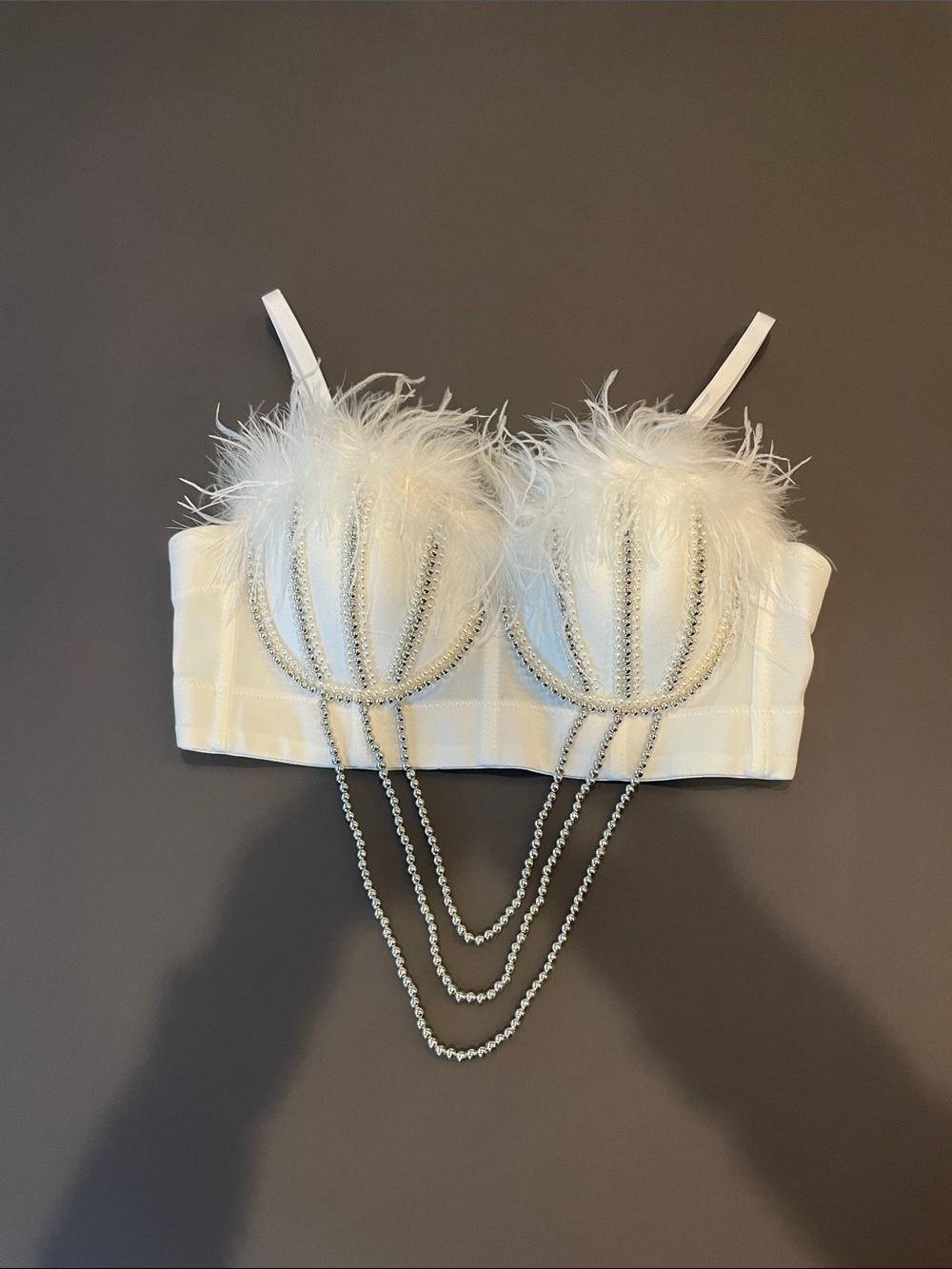 White Feather & Crystal Chain Crop Bustier Top
